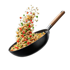 Delicious fried rice recipe in wok cooking asian cuisine food concept on transparent background