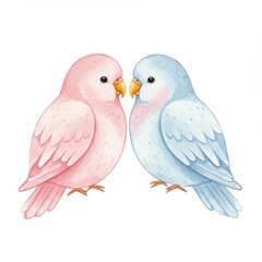 Pink and Blue Parakeets Watercolor Illustration