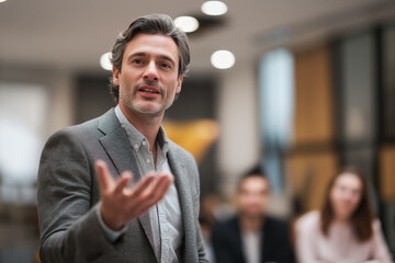 Confident businessman speaking during a corporate meeting, close-up view with a blurred background.