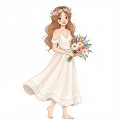 Fototapeta premium Smiling Woman in White Dress with Floral Crown and Bouquet