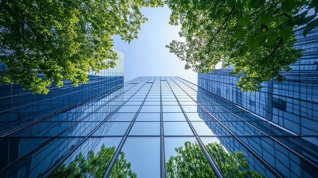 Sustainable glass office building in a modern city, featuring integrated greenery and innovative design for a net zero emission corporate environment.  
