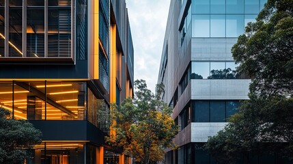 Fototapeta premium Sydney office building showcasing modern architecture, with one side adorned with full glass windows and the other with minimalist concrete elements. 