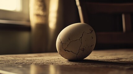 A cracked egg sits on a table with soft background lighting