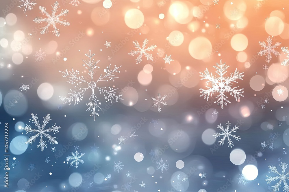 Poster winter snowflakes pattern with bokeh effect soft orange and blue background
