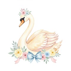 Obraz premium Pastel Watercolor Swan with Floral Crown and Bow