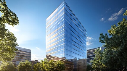 Tall office tower with a sleek glass exterior, its reflective surfaces capturing the sunlight against a crisp blue sky.  