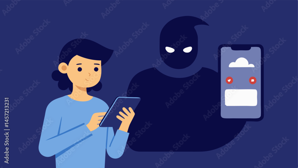 Poster appbased scams an of a person happily downloading a mobile app while in the background a shadowy fig