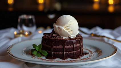 This image showcases a decadent dessert: a multi layer chocolate cake placed on an ornate white plate with gold detailing. 