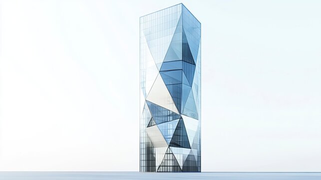 Tall skyline building with a polished glass facade, its geometric design standing out against a pure white background in a clean and professional presentation.  
