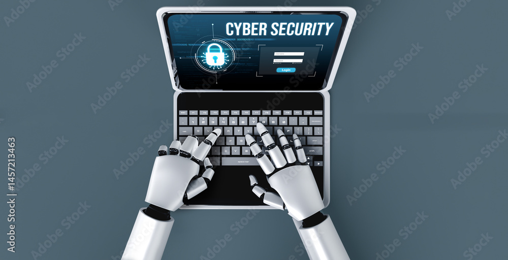 Poster cyber security system on computer screen protect private information snugly from hacker and cyber at