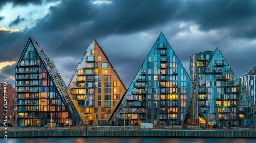 Poster modern triangular architecture stands against a dramatic cloudy skyline