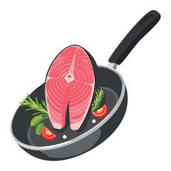 salmon with herbs cooked on frying pan - vector illustration