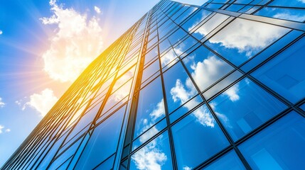 Towering contemporary building with reflective glass panels, its modern elegance enhanced by a bright, clear blue sky. 