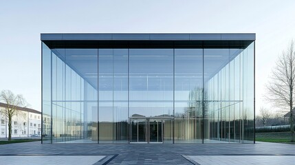 Transparent glass facade of a business building, with large windows showcasing the simplicity and elegance of modern office architecture.  