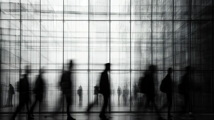 Transparent glass office building with faint, blurred silhouettes of workers in motion, adding a sense of energy to the sleek architectural design.  