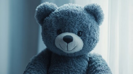 Obraz premium Close-up of a soft blue teddy bear by a window