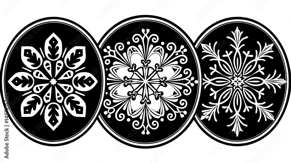 Poster three circular designs with intricate white snowflake patterns on a black background created with ge