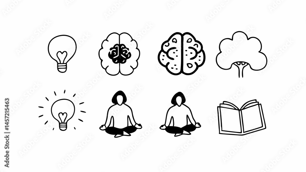Aufkleber doodle style icons showing lightbulbs brains trees meditating figures and an open book in black and 