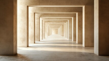 Architectural hallway leading towards a bright light source at the end