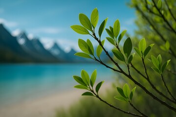 Green Leaves Close-up with Mountain Lake Background – Tranquil Nature Landscape