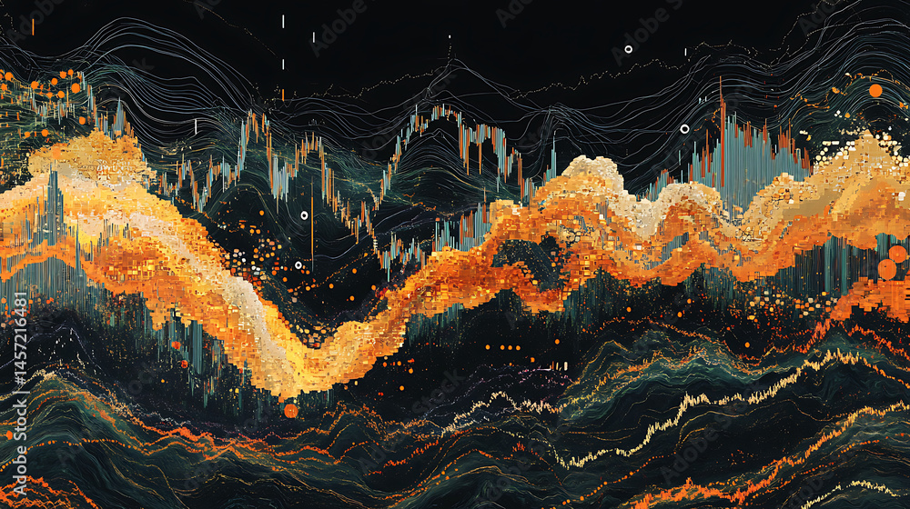Poster abstract data visualization with financial chart elements in gold and teal tones on dark backdrop