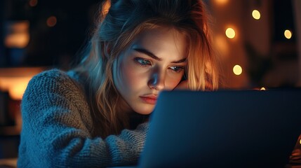 Young caucasian female adult focused on laptop amid warm ambient lighting