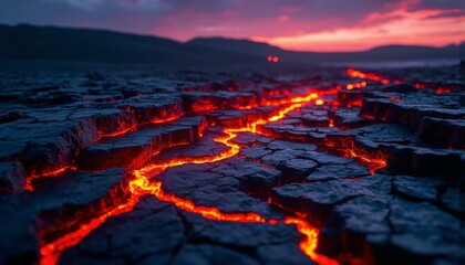 Fractured obsidian reveals volcanic landscape; crimson, gold, indigo streaks shimmer under violet twilight.