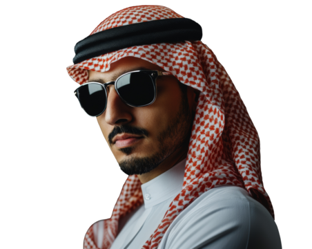 Close-up of a young Arab sheikh with sunglasses, wearing traditional costume with red and white scarf and white robe.Transparent background