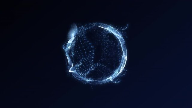 Digital blue particle sphere in motion, abstract 3D glowing data cloud forming dynamic ring shape on dark background, futuristic sci-fi tech animation for visual effects and backgrounds