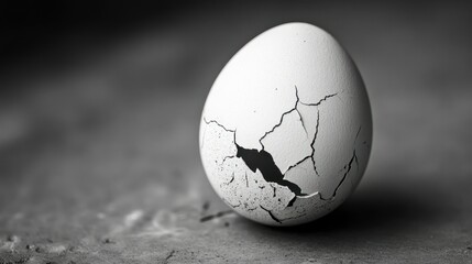 A cracked white eggshell sits on a textured grey surface