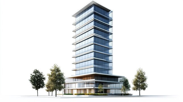 Urban skyscraper with reflective glass walls, clean lines, and a streamlined design, isolated on white for a sharp architectural presentation.   - Powered by Adobe