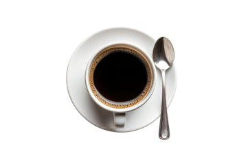 Fresh Black Coffee in a White Cup with Spoon on a Saucer Isolated on Transparent Background