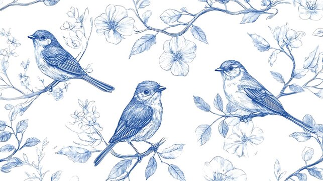 Birds in different poses with flowers and leafy branches blue pencil outline pattern on white background