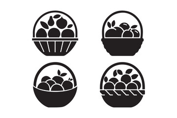 Fruit Basket Icons Collection Black Silhouette Healthy Food Vector Illustrations