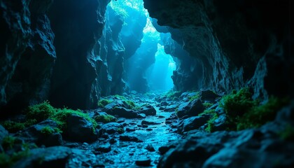 Obraz premium Fractured grey granite cave glows with cyan and emerald light; moss and crystalline formations visible.