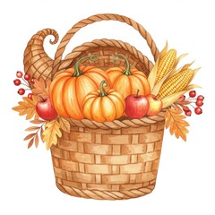 Autumn Harvest Basket with Pumpkins Apples and Corn