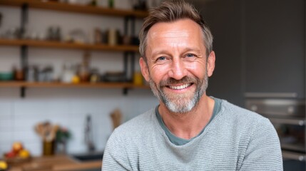 Fototapeta premium Happy man smiling at home, warm and relaxed vibe 