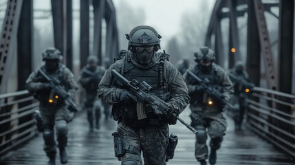 Obraz premium Armed soldiers in tactical gear crossing bridge in formation