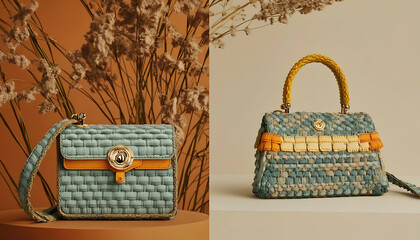 Two Woven Handbags with Blue and Yellow Accents on Beige Background