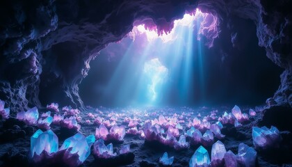 Iridescent amethyst geodes fill a cavern floor, glowing with starlight and swirling crystalline mist.