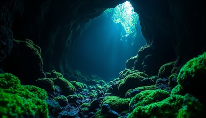Obraz premium Glowing moss textures on dark rock columns create a mysterious grotto lit by soft moonlight.