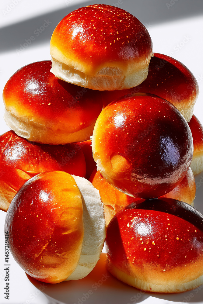 Poster minimalist display of small round buns with glossy glaze stacked together. bright light enhances tex