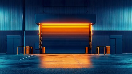 Warehouse building entrance glowing in bright LED lights sleek modern design dark night sky soft shadows wide urban frame.  