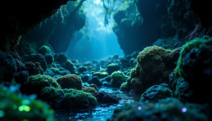 Obraz premium Bioluminescent moss glows on ancient basalt rocks in a dark, mystical grotto setting.