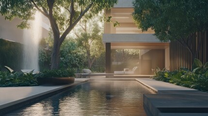 A modern house with a pool and lush surrounding greenery