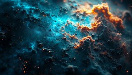 Fototapeta premium Weathered spaceship hull shows nebula patterns, glowing blue light, meteorite impacts, dark metal textures.