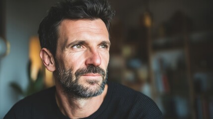 Happy man smiling at home, warm and relaxed vibe
