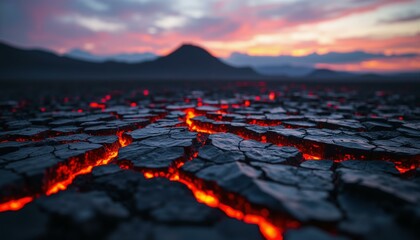 Shattered obsidian reveals crimson and orange veins against a dark volcanic landscape at twilight.
