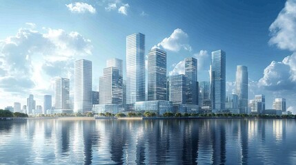 Naklejka premium Wide view of a city skyline, modern glass facades and streamlined architecture portraying a hub of business and real estate success 