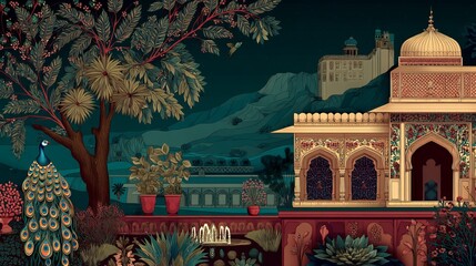 Mughal garden at night with temple palace peacock and trees illustrated for wallpaper